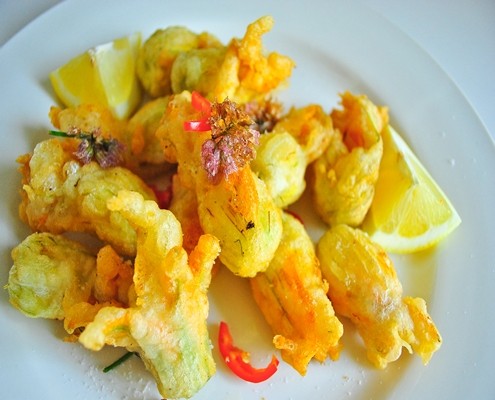 Crispy Zucchini Blossoms Stuffed with Goat Cheese and Chives