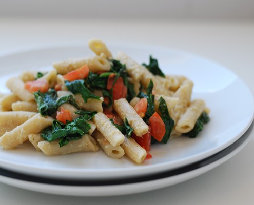 Pasta with Artichoke Sauce, Tomatoes and Spinach