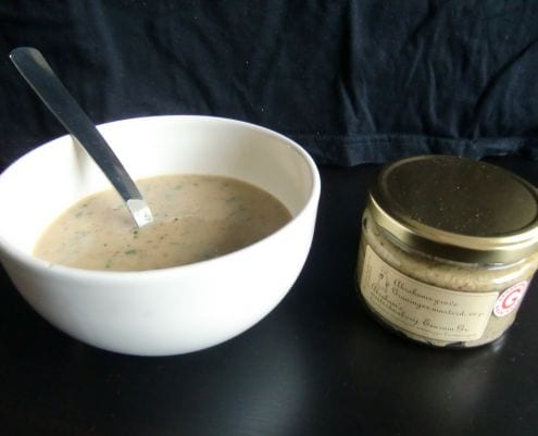 Mustard soup and a jar of Abraham's Groninger mustard.