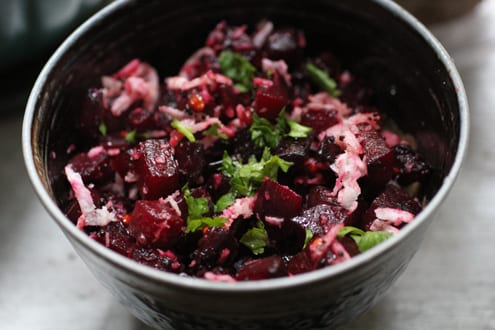 beets stir fried with spices, coconut, lemon and cilantro