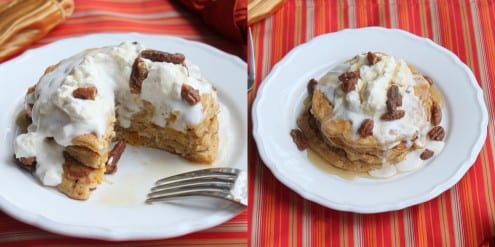Pumpkin Pie Pancakes with Maple Pecans and Maple Cinnamon Whipped Cream
