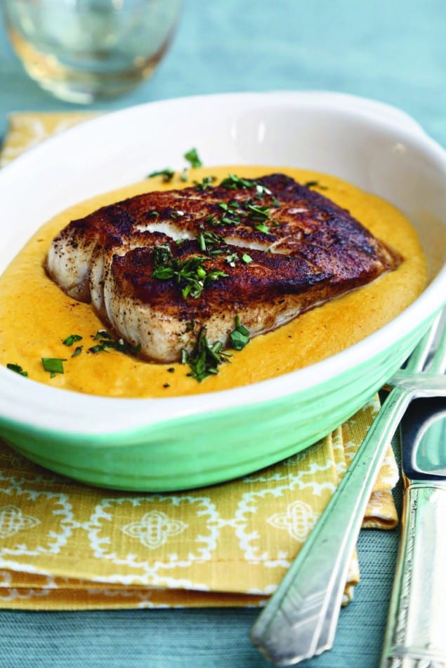 Porcini-Dusted Grouper with Cayenne–Sweet Corn Puree recipe