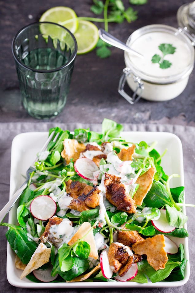 Chicken Shawarma Spinach Salad with Creamy Dressing