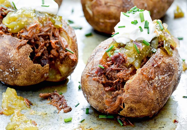 Loaded Baked Potatoes with Barbecue Beef and Tomatillo Jam