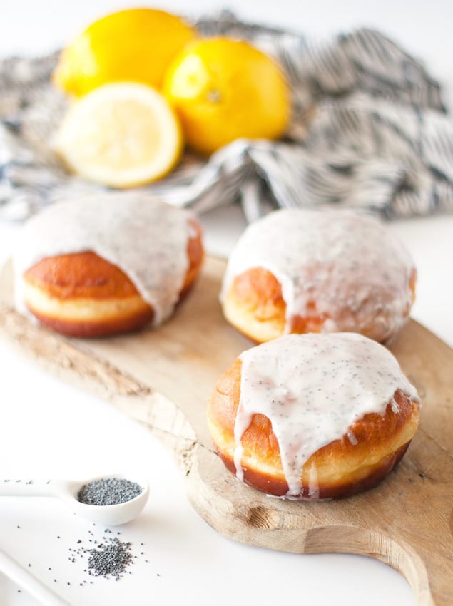 Lemon Curd Filled Donuts with Poppyseed Glaze