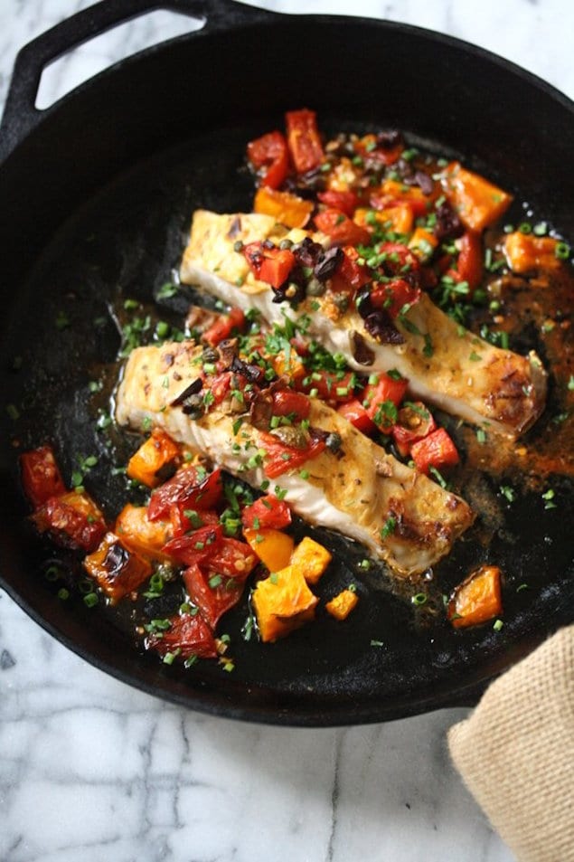 Easy Broiled Bass with Tomatoes and Olives
