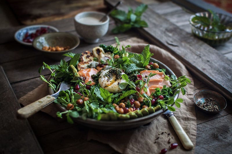 Smoked Trout Kale Salad with Halloumi and Tahini Dressing