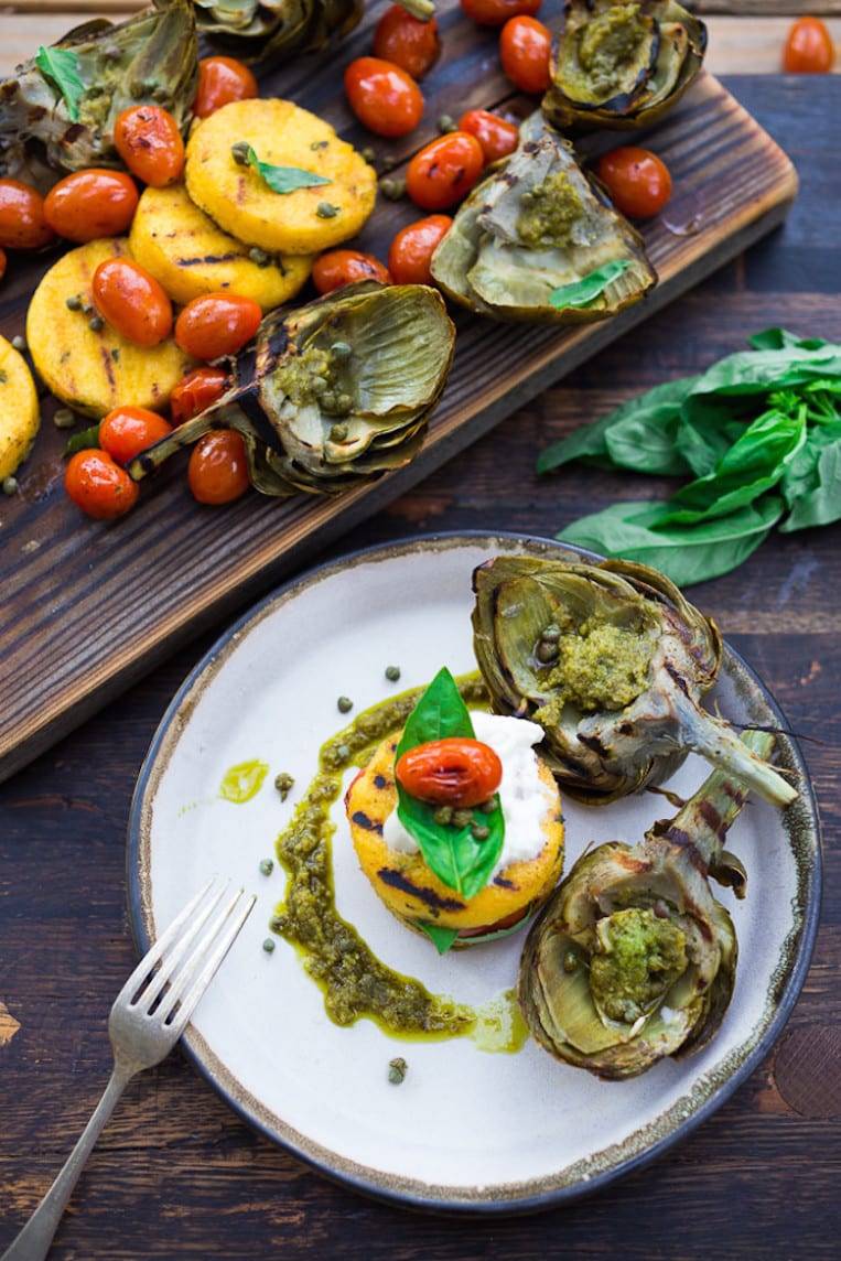 Grilled Artichokes and Polenta with Pesto and Blistered Tomatoes
