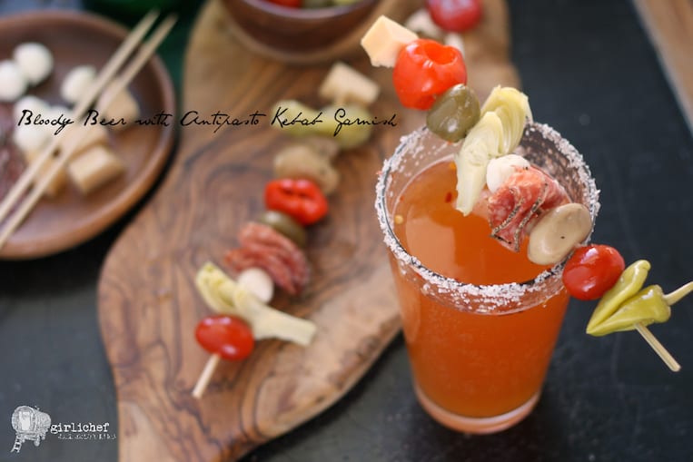 The Ultimate Bloody Mary Beer with Antipasto Skewer