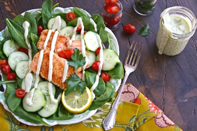 Salmon Spinach Salad and Herb Dressing