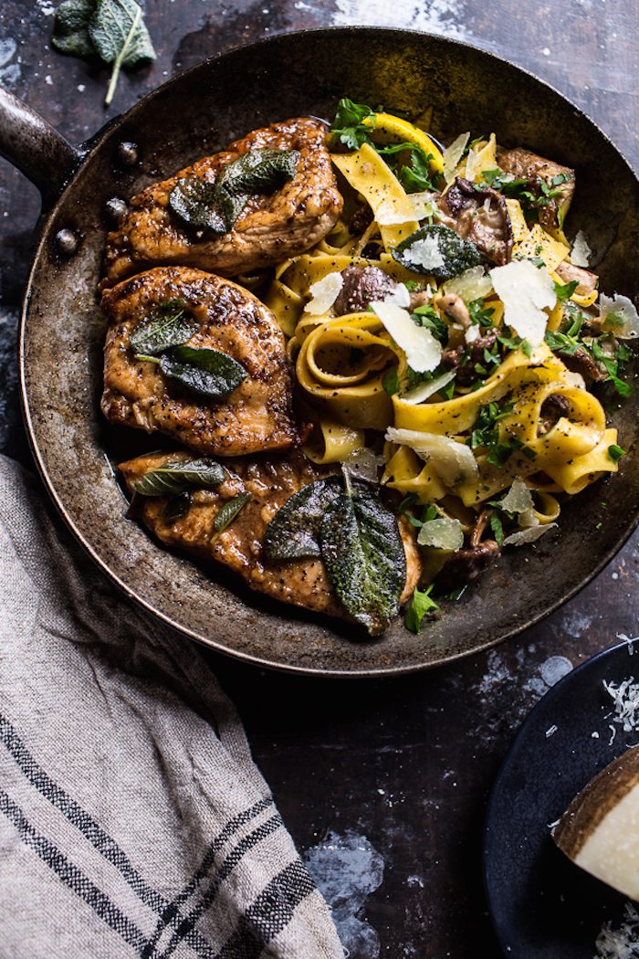 Browned-Sage-Butter-Chicken-Piccata-with-Mushroom-Pasta-1
