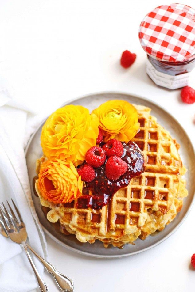 Green Chili and Cheese Cornbread Waffles with Raspberry Preserves