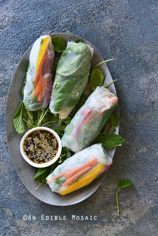 Watercress, Mango, and Mint Summer Rolls with Ginger-Sesame Sauce