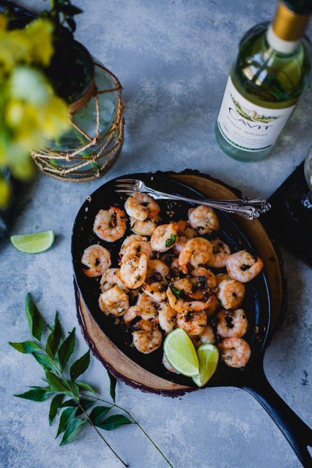 National Pinot Grigio Day: Garlic Shrimp Zoodles and Curry Leaves