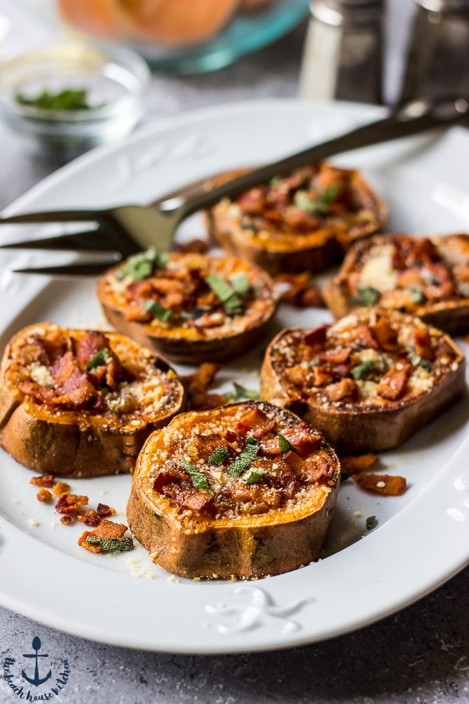 Brown Butter, Bacon, Parmesan and Sage Smashed Sweet Potatoes