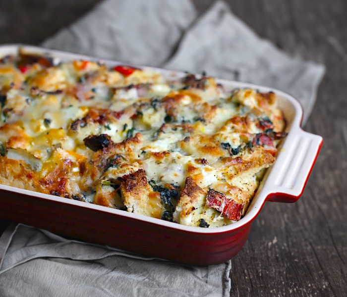 Breakfast Triple Cheese and Spinach Strata