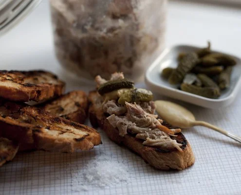 Rillettes, cornichons and sourdough toast