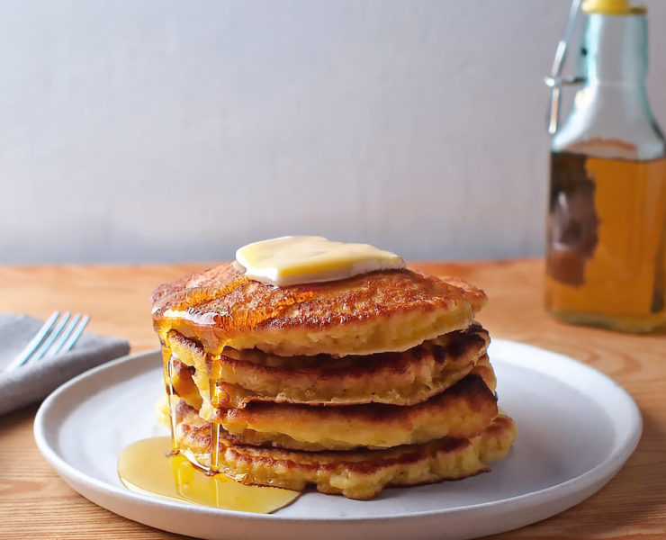 Sweet Corn Pancakes with Maple Syrup and Butter