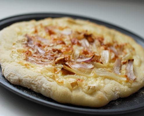 Brie and caramelized onion pizza