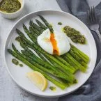 Roasted Green Asparagus with Poached Egg and Arugula Pistou