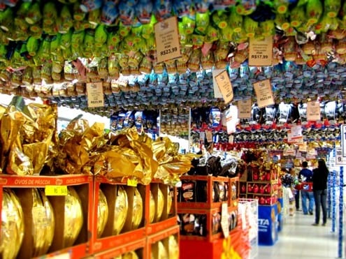 Brazilian box stores and supermarkets create tunnels of chocolate eggs.