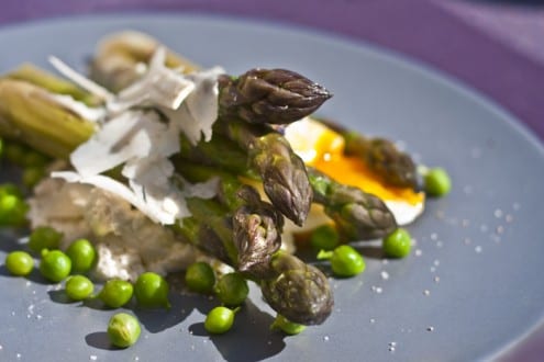 Crisp asparagus with goats curd sweet pea salad