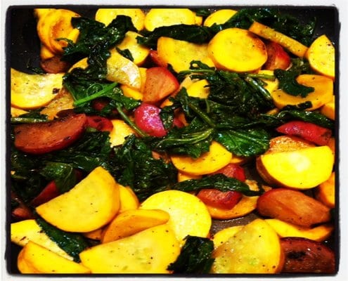 Sauteed radishes with radish greens and summer squash.