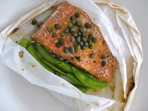 Cooked Salmon with Capers, Lemon Zest, White Wine and Sugar Snap Peas