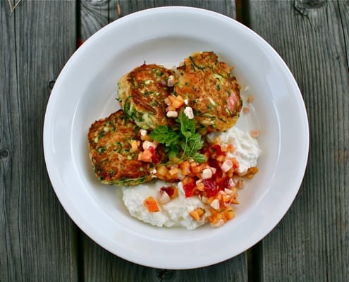 Zucchini Patties with ricotta and summer salsa