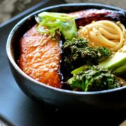 Udon Noodle Bowl with Miso Glazed Salmon and Crispy Kale