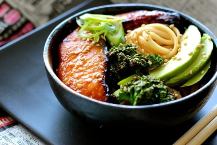 Udon Noodle Bowl with Miso Glazed Salmon and Crispy Kale