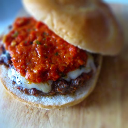 Chorizo and Romesco Burgers with Manchego Cheese