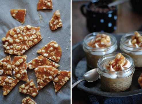 Coffee Custard with Toasted Swiss Meringue Kisses and Hazelnut Brittle 