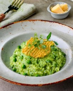 Green Pea Risotto with Parmesan Crisps Recipe