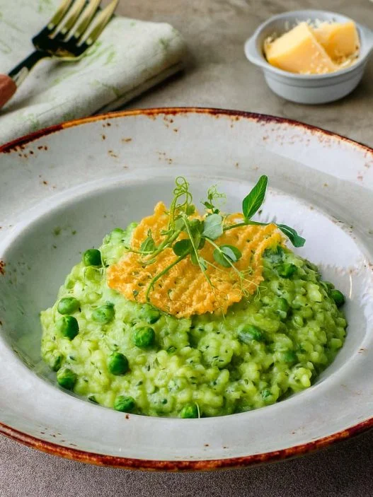 Green Pea Risotto with Parmesan Crisps Recipe