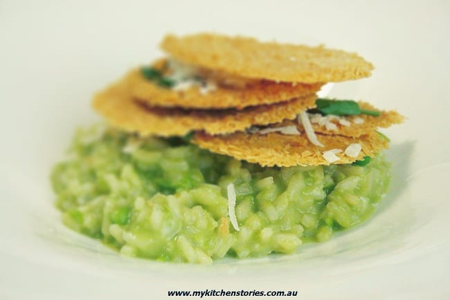 Pea Risotto with Parmesan Crisps