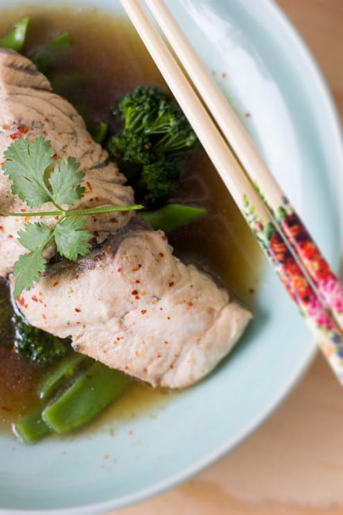 Poached Barramundi Fish with Greens