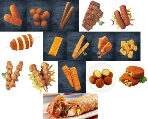 Deep-fried snacks (left to right, top to bottom): kroket, bitterballen, frikandel, mexicano/carrero, pikanto, berenhap, kaassoufflé, kipcorn, kipknots, kipnuggets, sitostick/kikastick, zeestick, fishcorn, eierbal, bamischijf and nasischijf, loempia.