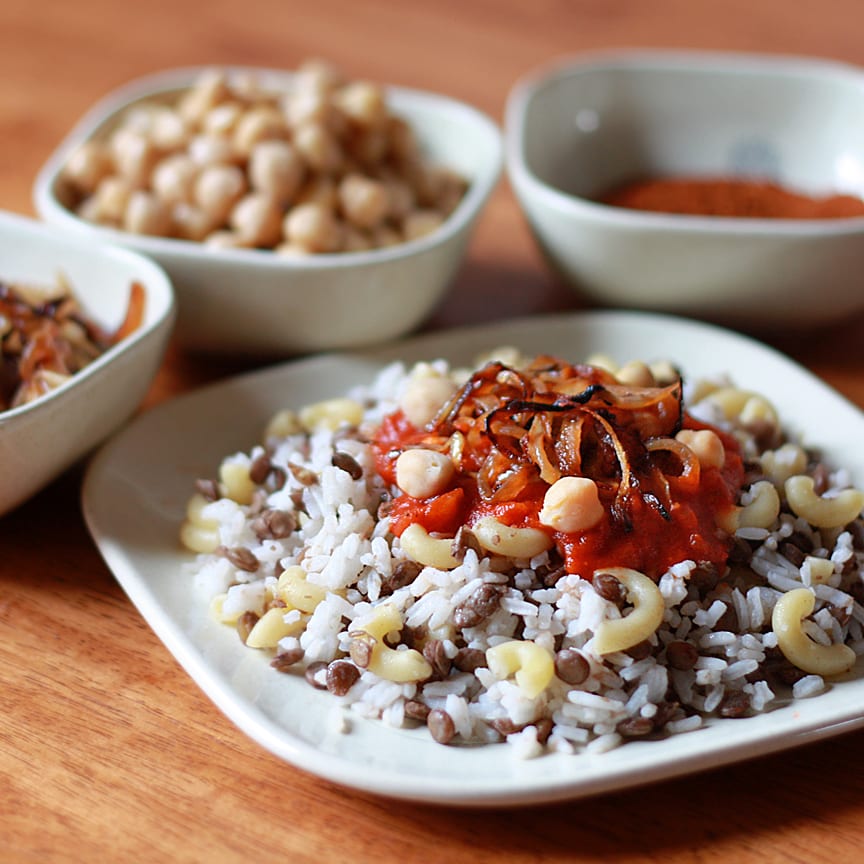 Koshari - Egyptian Rice, Lentils and Macaroni with Spicy Tomato Chile Sauce