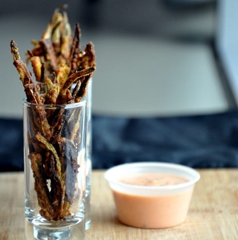 Okra Chips with Yogurt Sriracha Dip