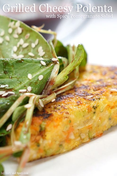 Grilled Cheezy Polenta with Spicy Pomegranate Salad