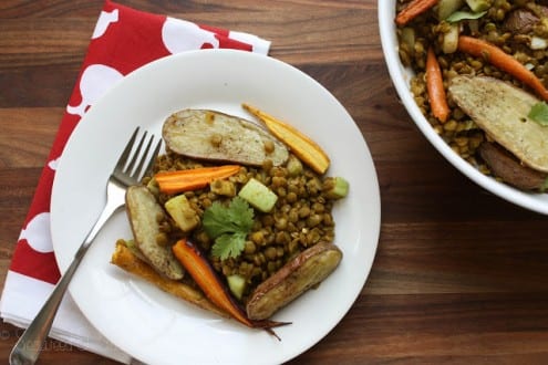 Chayotes, Roasted Veggies and Lentil Curry Salad