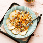 Sprouted Green Gram and Pear Salad with Spiced Pecans and Cranberries