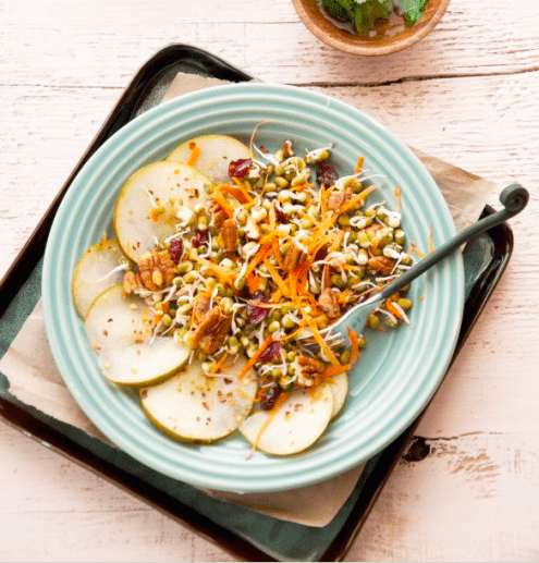 Sprouted Green Gram and Pear Salad with Spiced Pecans and Cranberries