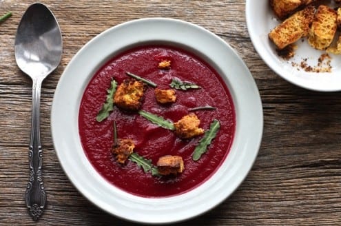 Beet Soup, Spring Greens, and Cornbread Croutons