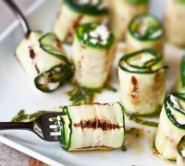 Zucchini Bites with Harissa, Goat Cheese, Lime and Mint