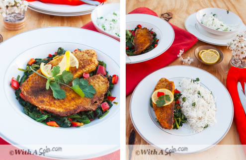 Seared Spicy Fish with Sauteed Spinach