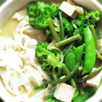 Garlic Scape Coconut Curry Soup with Summer Vegetables and Tofu