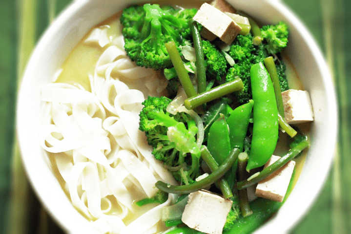 Garlic Scape Coconut Curry Soup with Summer Vegetables and Tofu