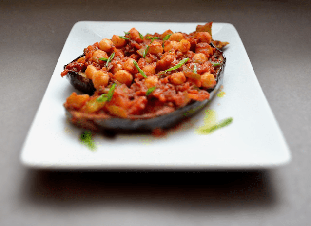 Mediterranean Stuffed Eggplant with Chickpeas, Chunky Tomato Sauce, Oregano and Warm Spices